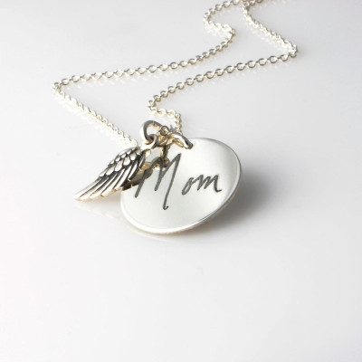 Actual handwriting engraved pendant & Angel wing charm  necklace in solid sterling silver - personalized memorial keepsake gift