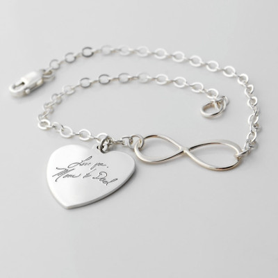 Actual handwriting immortalized in sterling silver Infinity & heart charm bracelet - Memorial keepsake of a loved one - personalized