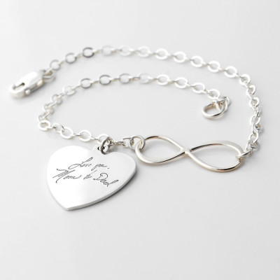 Actual handwriting immortalized in sterling silver Infinity & heart charm bracelet - Memorial keepsake of a loved one - personalized