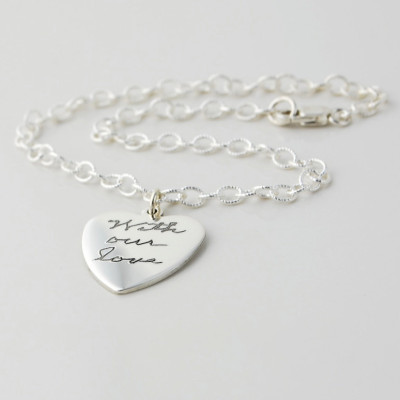 Actual handwriting immortalized on sterling silver heart - personalized memorial necklace or bracelet - exact engraved replica