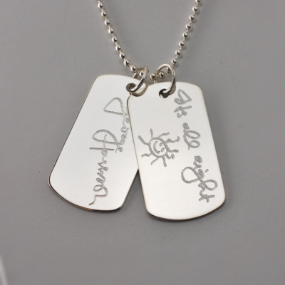 Actual handwriting jewelry Sterling silver dog tag necklace loved one's or your own engraved writing - Gifts for Men - memorial keepsake