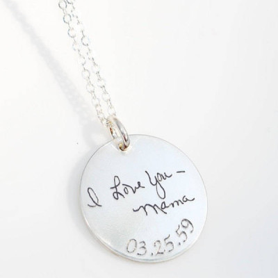 Actual handwriting round & vertical nameplate pendant with Angel wing charm necklace in sterling silver - custom engraved necklace