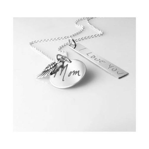 Actual handwriting round & vertical nameplate pendant with Angel wing charm necklace in sterling silver - custom engraved necklace