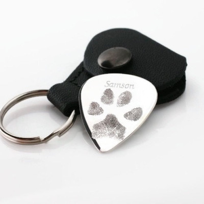Actual paw print, fingerprint or handprint  custom personalized solid sterling silver Guitar Pick & leather case memorial keepsake