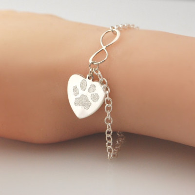 Actual paw print in .925 sterling silver - dog or cat memorial personalized Infinity & heart charm bracelet or necklace Pet memorial jewelry