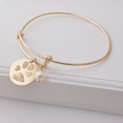 Actual paw print personalized expandable bracelet bangle in either Sterling silver, 14k yellow or 14k rose gold filled Choice of pearl or CZ
