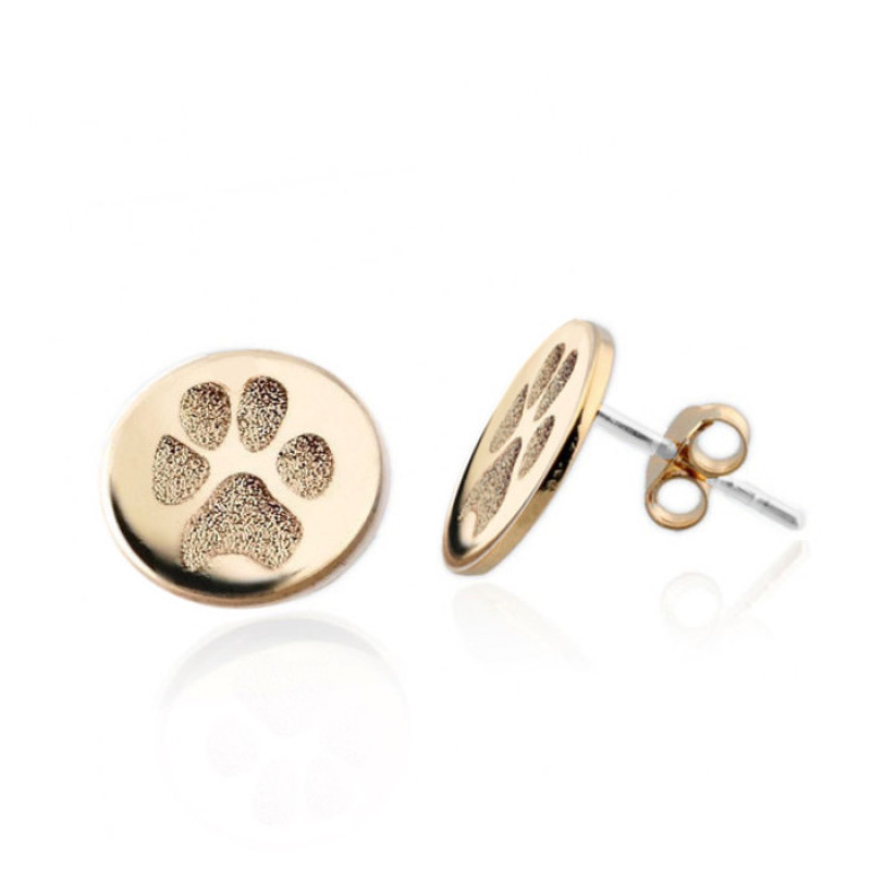 14K Yellow Gold Finish Women's Dog Paw Print Unisex Stud Earrings