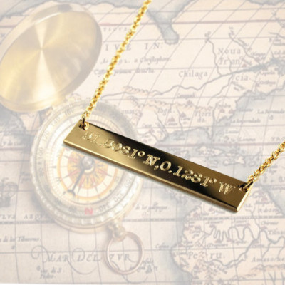 Compass coordinate custom engraved horizontal bar nameplate necklace - Engagement or Anniversary location  sterling silver or 14k gold fill