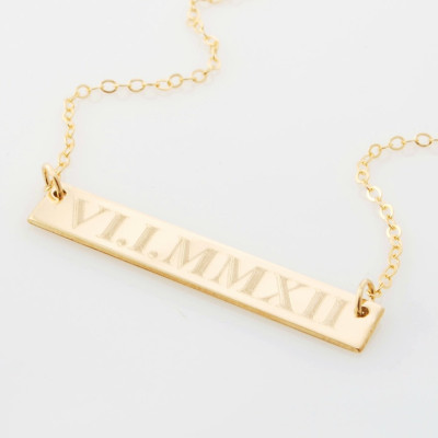 Compass coordinate necklace Custom engraved reversible horizontal bar - names, dates in Roman numerals in all 14k yellow gold fill