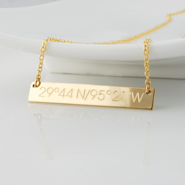 Compass coordinate necklace Custom engraved reversible horizontal bar - names, dates in Roman numerals in all 14k yellow gold fill
