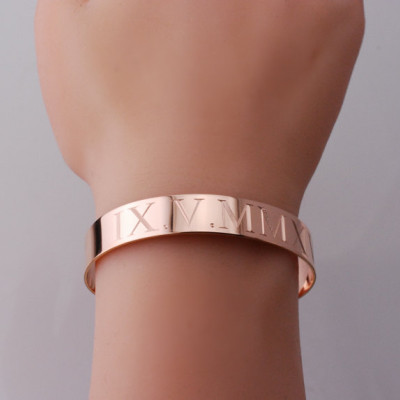 Cuff bracelet - Custom engraved in various widths 14k gold filled, Rose gold filled or sterling silver  Adjustable Roman numeral cuff bangle