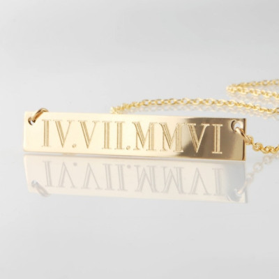 Custom Engraved 14k GOLD filled Roman Numeral horizontal bar nameplate necklace - personalized Wedding dates - Engagement - Anniversary