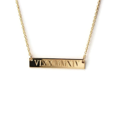 Custom Engraved 14k GOLD filled Roman Numeral horizontal bar nameplate necklace - personalized Wedding dates - Engagement - Anniversary