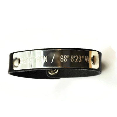 Custom dates in Roman Numerals engraved leather cuff bracelet with silver ID nameplate - Wedding date, Honeymoon - Gifts for men