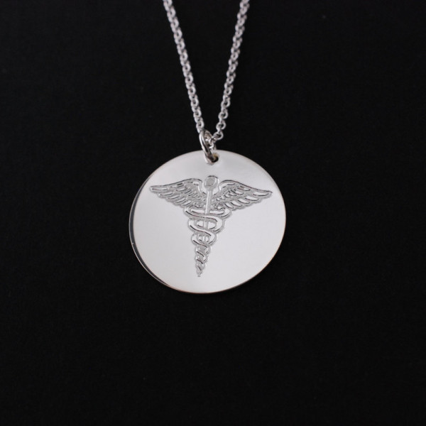 Custom engraved  logo or design pendant  in sterling silver - Engrave any crest - Personalized gifts -  3/4" or 7/8" diameter - caduceus