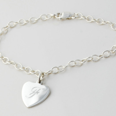 Custom engraved heart or disc Initial charm personalized bracelet in Solid Sterling Silver - Babies, Girls, Teens, Women, Bridesmaids