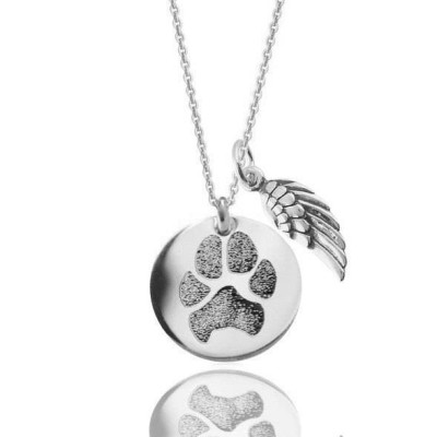 Double sided actual paw print and sentiment personalized pendant necklace with Angel wing charm in sterling silver Pet memorial jewelry