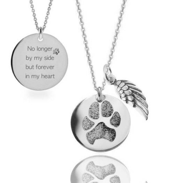 Double sided actual paw print and sentiment personalized pendant necklace with Angel wing charm in sterling silver Pet memorial jewelry