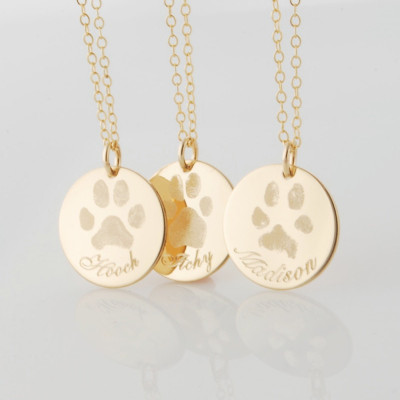 Double sided paw prints - Actual paw or nose print in 14k yellow gold fill dog & cat memorial pendant necklace in various diameters