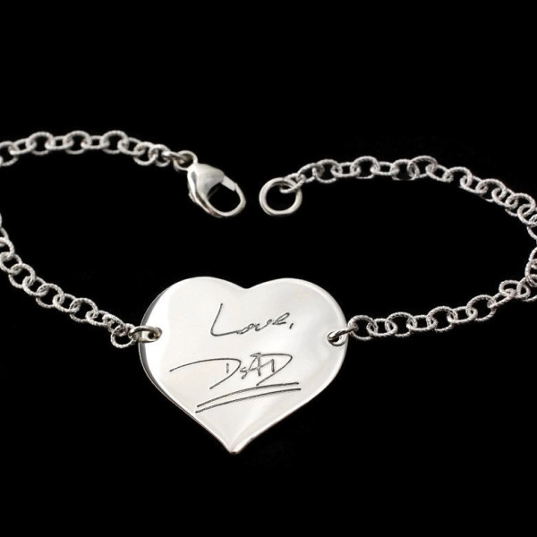 Engraved actual handwriting in solid sterling silver - personalized heart charm ID bracelet - exact replica memorial keepsake jewelry