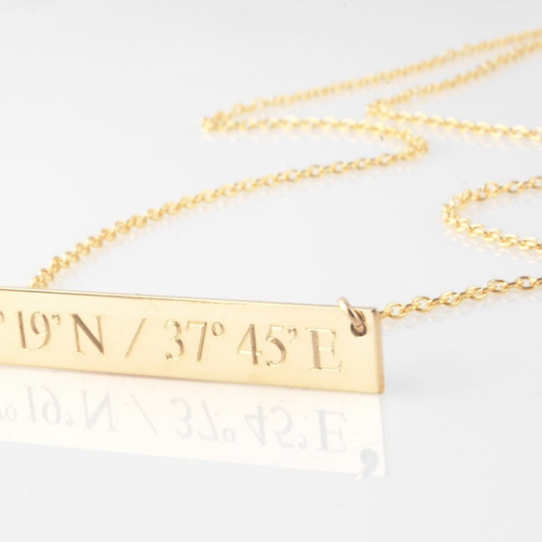 Engraved horizontal gold bar nameplate necklace Compass coordinates, Dates in Roman numerals or Initials - Personalized modern geometric
