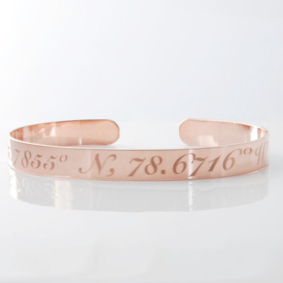 Geo coordinates engraved cuff bracelet - 14k yellow gold filled, 14k Rose pink gold fill or solid sterling silver - Personalized jewelry