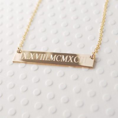 Horizontal bar nameplate necklace Custom Engraved 14k GOLD filled  personalized save the date in Roman Numerals  Anniversaries Bridesmaids