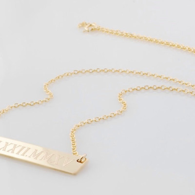 Horizontal bar nameplate necklace Custom Engraved 14k GOLD filled  personalized save the date in Roman Numerals  Anniversaries Bridesmaids