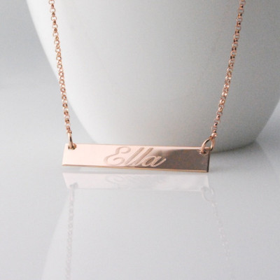 Horizontal engraved bar nameplate necklace personalized with phrases, Roman numerals, Names, coordinates - silver, rose gold or yellow gold