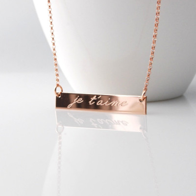 Je t'aime 14k Rose gold fill custom engraved horizontal bar nameplate necklace with rolo chain - personalized sentiments - Bridesmaids gifts