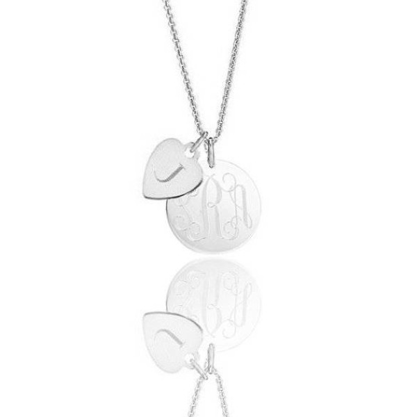 Layered  monogram initial pendant necklace & heart charm in all sterling silver - custom engraved