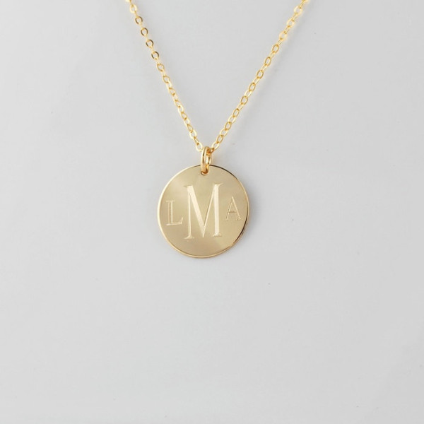 MONOGRAM initial charm necklace 14k Gold Filled 3/4" custom engraved personalized pendant Bridesmaids - wedding anniversary date - birthdays