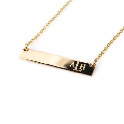 Monogram Horizontal Bar engraved nameplate necklace personalized with monogrammed initials - 14k GOLD filled reversible layering necklace