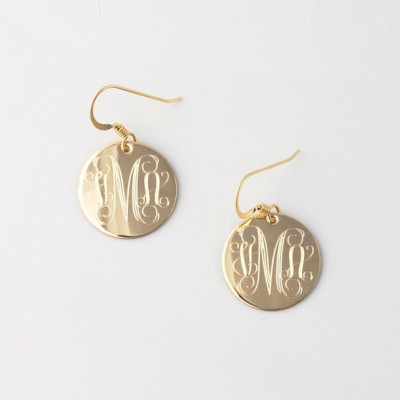Monogrammed gold fill Initial charm dangle drop earrings - Personalized gift for her - hypoallergenic custom engraved in various diameters