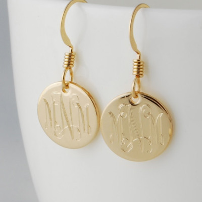 Monogrammed gold fill Initial charm dangle drop earrings - Personalized gift for her - hypoallergenic custom engraved in various diameters