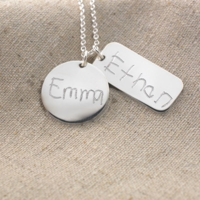 Mother's duo necklace with your children's actual handwriting & artwork engraved in sterling silver - personalized keepsake - Mommy necklace