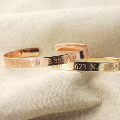 Nautical Compass geo coordinate cuff bracelet  - sterling silver, 14k yellow or 14k rose gold fill personalized engraved adjustable bangle