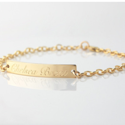 Personalized Gold Bar nameplate ID bracelet custom engraved in any font Gifts for women - Wedding dates Roman numerals - Modern minimalist