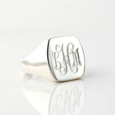 Personalized engraved Solid Sterling Silver monogram cushion-cut signet ring  -  unisex - US sizes 9, 10 & 11 Monogrammed initials or logos