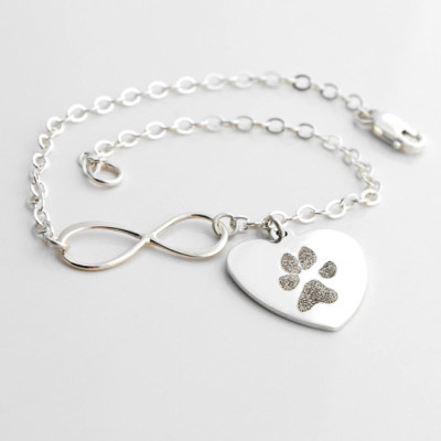 Pet memorial jewelry - actual paw print in sterling silver - dog or cat paw personalized Infinity & heart or disc charm necklace or bracelet