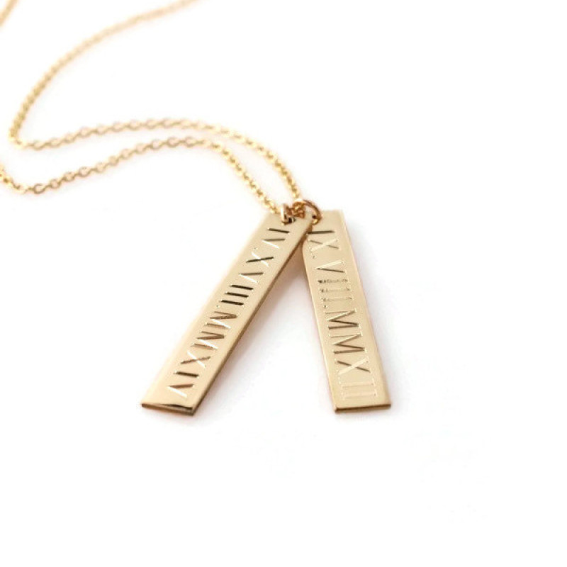Roman Numeral Necklace Personalized Nameplate Vertical Gold Bar
