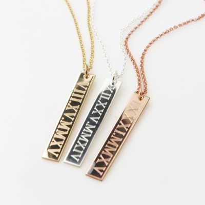 ROMAN numerals Personalized nameplate vertical bar engraved layering necklace 14k Rose, Yellow gold fill or sterling silver- Names - dates