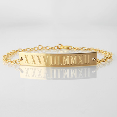Roman numeral ID bracelet - compass coordinates or names engraved bar nameplate bracelet 14k Gold fill or Sterling Silver - Personalized