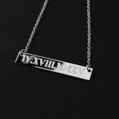 Roman numeral horizontal Bar nameplate necklace - sterling silver - engraved in any font  - personalized gift for her - Bridesmaid jewelry