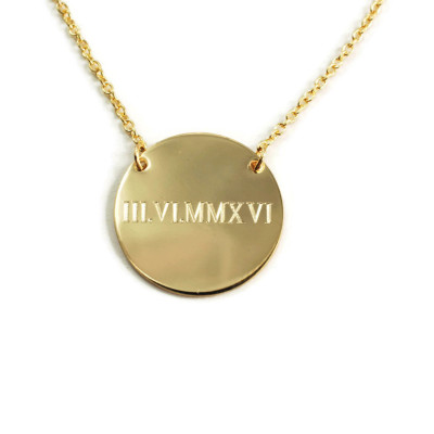 Roman numeral two hole 14k Gold fill modern festoon pendant necklace - Personalized engraved round charm in various sizes - save the date