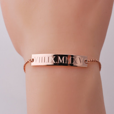 Rose gold Roman numeral ID bracelet - compass coordinates or names engraved bar nameplate bracelet in 14k pink gold fill  Personalized gifts