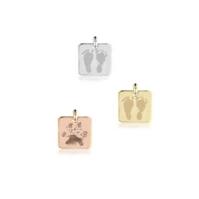 Solid 14k yellow, rose or white gold petite square charm with your baby's actual hand & footprints or your pet's paw print- Custom engraved