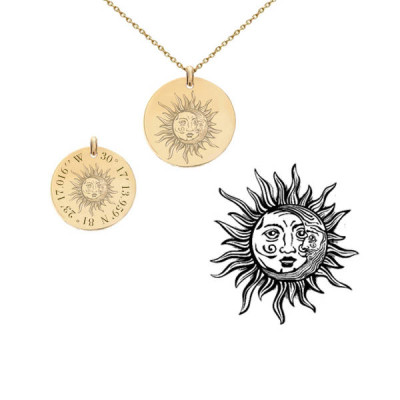Total eclipse sun & moon necklace - Custom GPS coordinate necklace in all 14k gold filled - unique personalized engraved  gifts for her