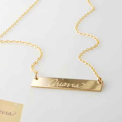 Unique gifts for her - Actual handwriting custom engraved 14k yellow or 14k rose gold filled horizontal bar nameplate necklace  Personalized