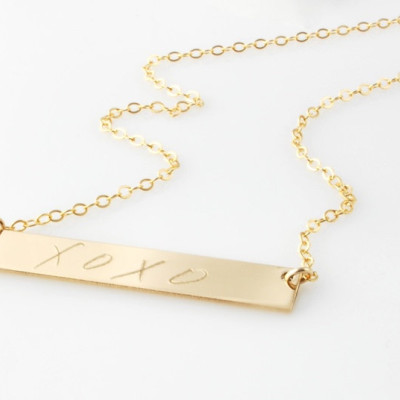 Unique gifts for her - Actual handwriting custom engraved 14k yellow or 14k rose gold filled horizontal bar nameplate necklace  Personalized